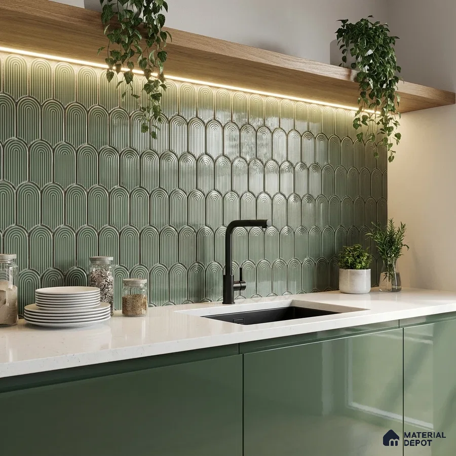 Modern kitchen with sage green geometric backsplash tile, white quartz countertop, and glossy green laminate cabinets