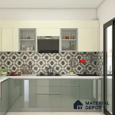 Modern kitchen with sage green glossy laminate, ivory laminate, and geometric patterned backsplash tiles in Bengaluru | Material Depot