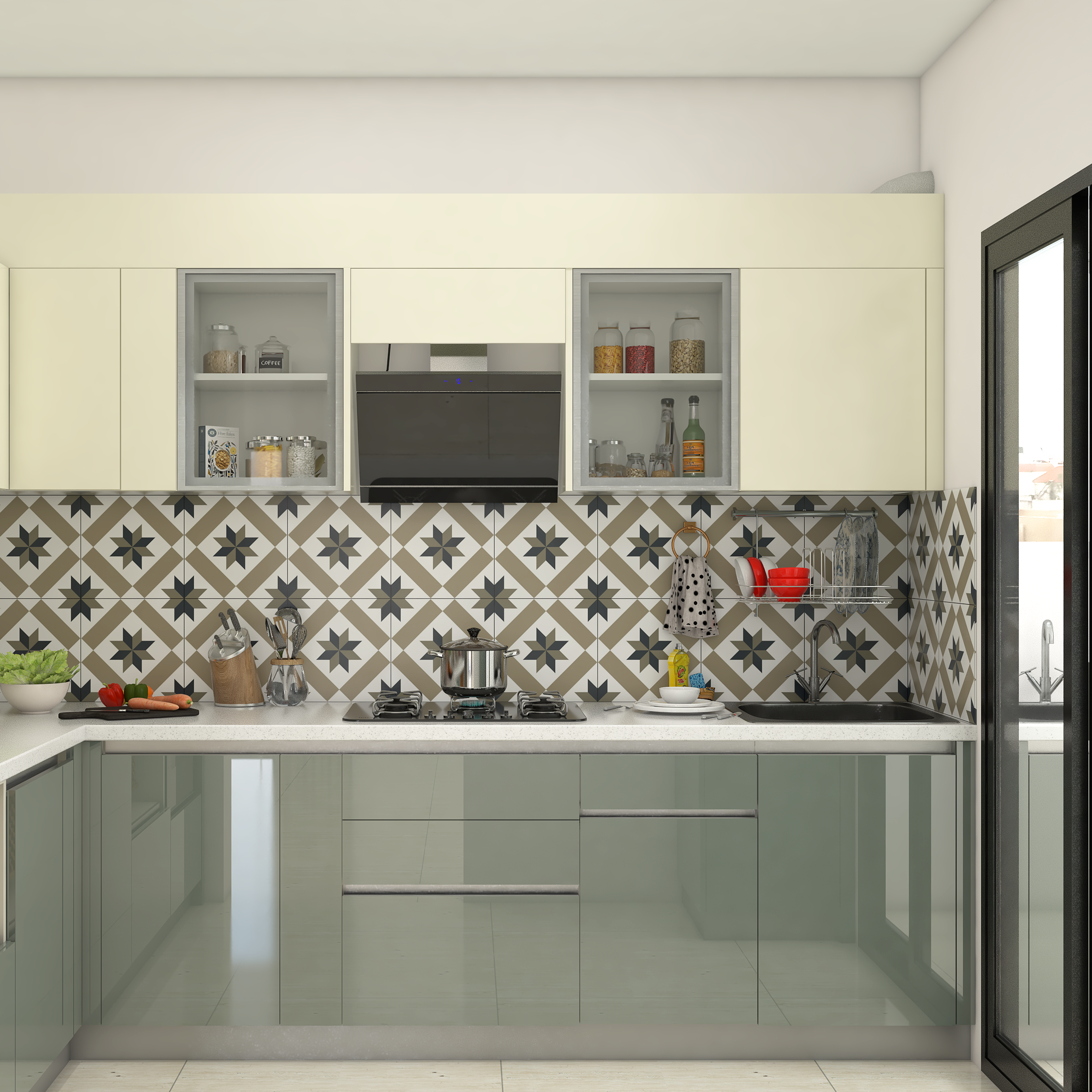 Modern kitchen with sage green glossy laminate, ivory laminate, and geometric patterned backsplash tiles in Bengaluru | Material Depot