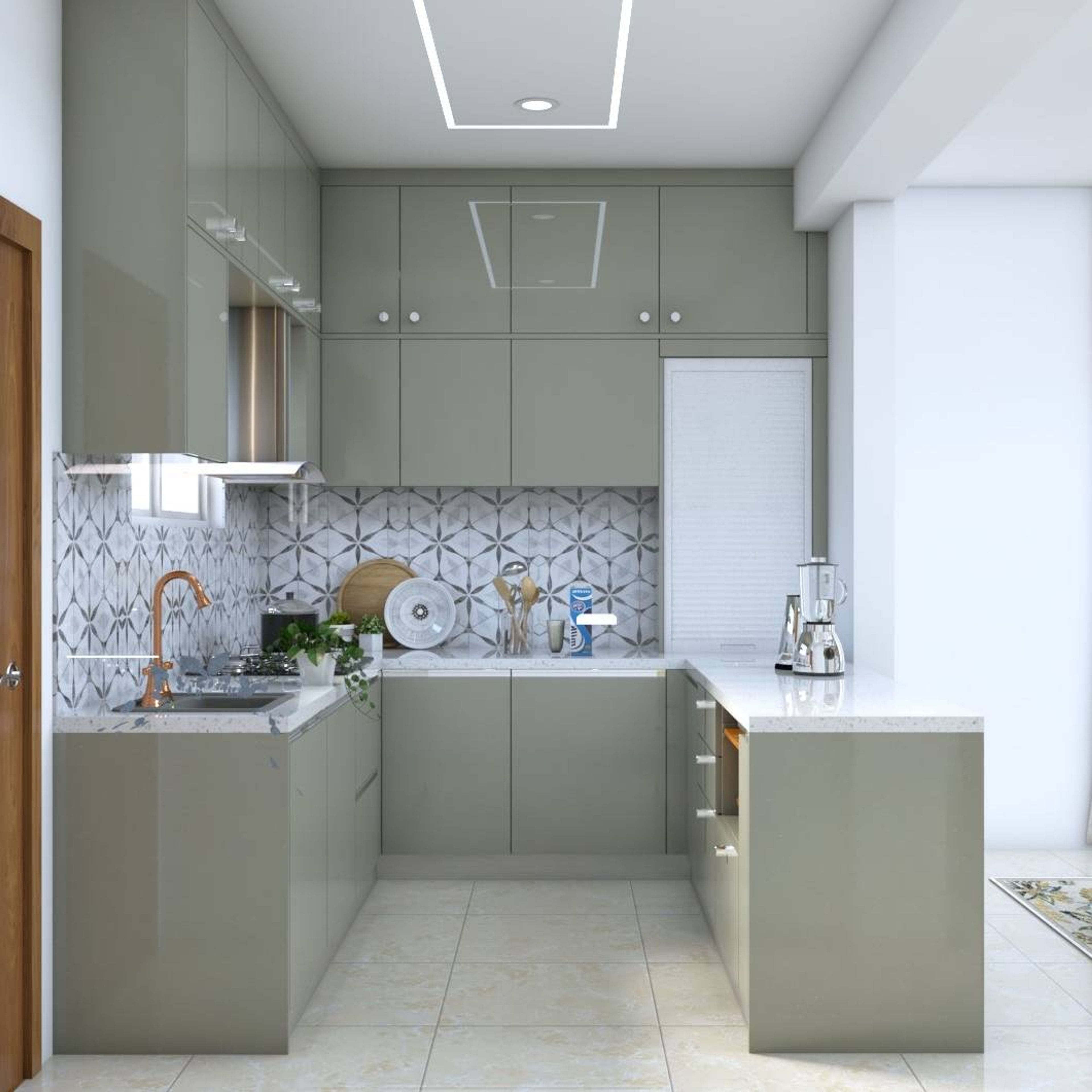 Modern kitchen with sage green glossy laminate, white quartz countertop, and geometric patterned backsplash tile in Bengaluru | Material Depot