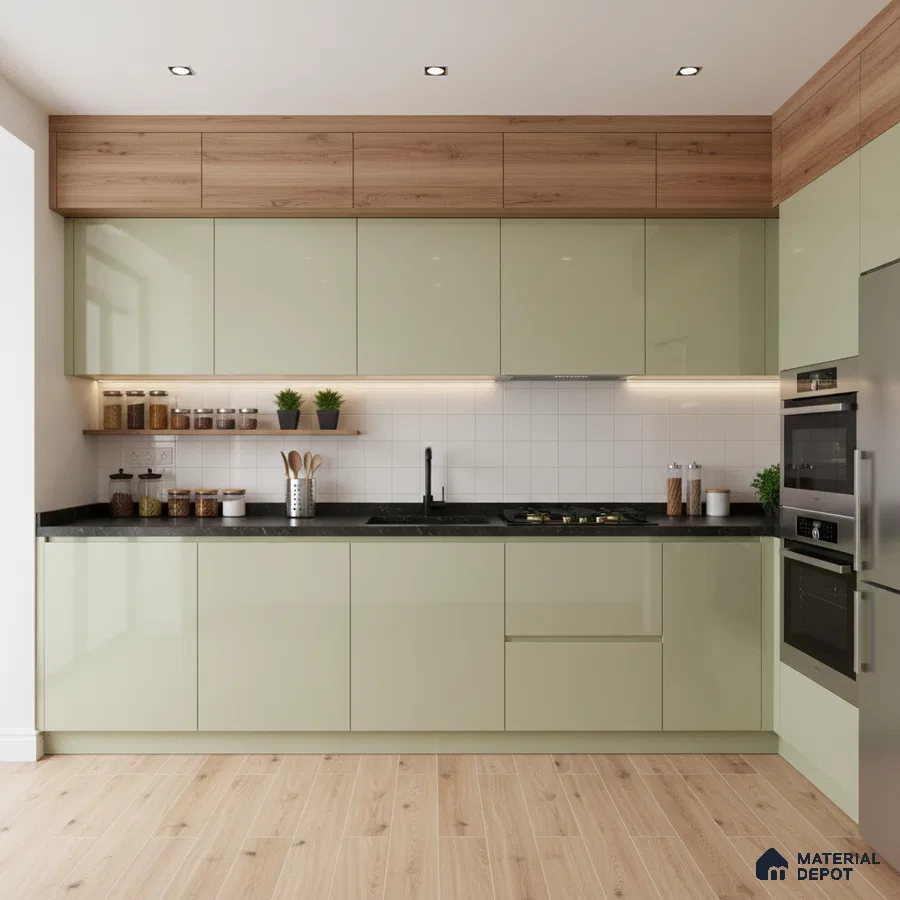 Modern kitchen with sage green high gloss laminate, black granite countertop, and light oak wood accents in Bengaluru