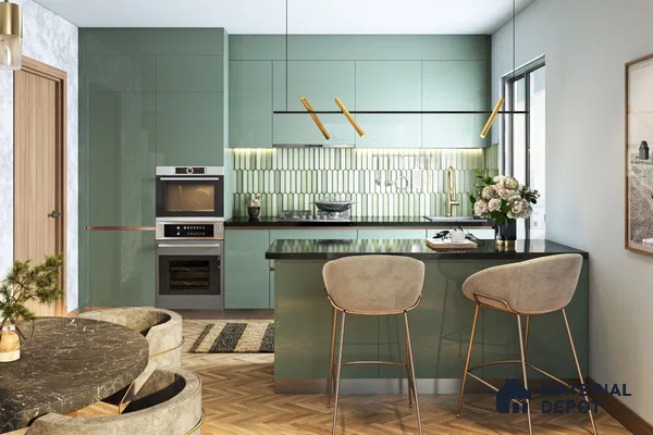 Modern kitchen with sage green high gloss laminate, black quartz countertop, and green kitkat backsplash tile in Bengaluru | Material Depot