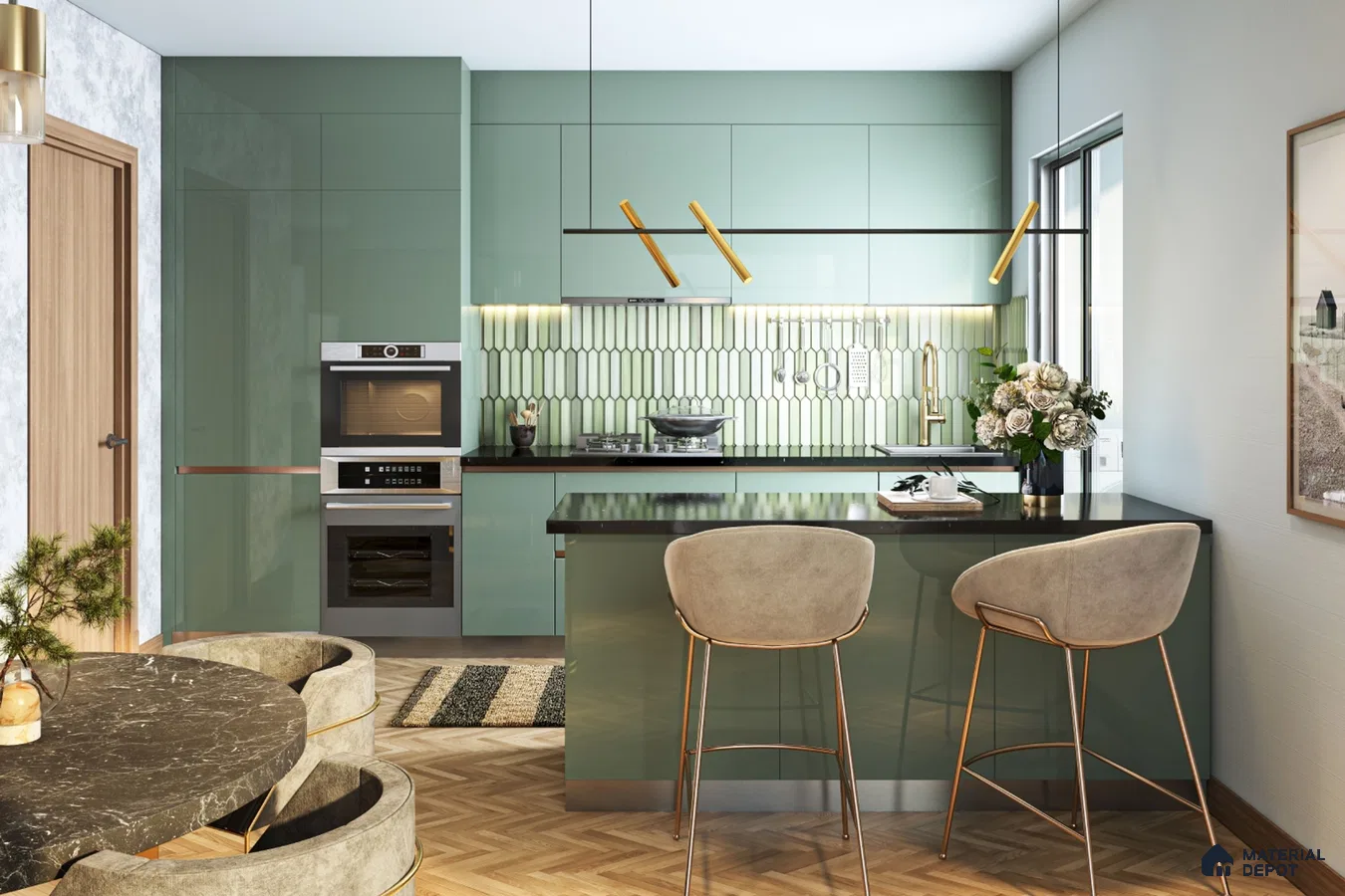 Modern kitchen with sage green high gloss laminate, black quartz countertop, and green kitkat backsplash tile in Bengaluru | Material Depot