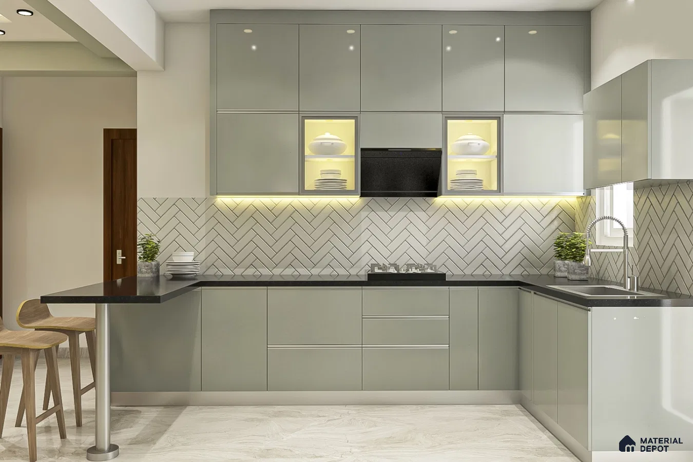 Modern kitchen with sage green high gloss laminate, black quartz countertop, and herringbone subway tile backsplash in Bengaluru | Material Depot