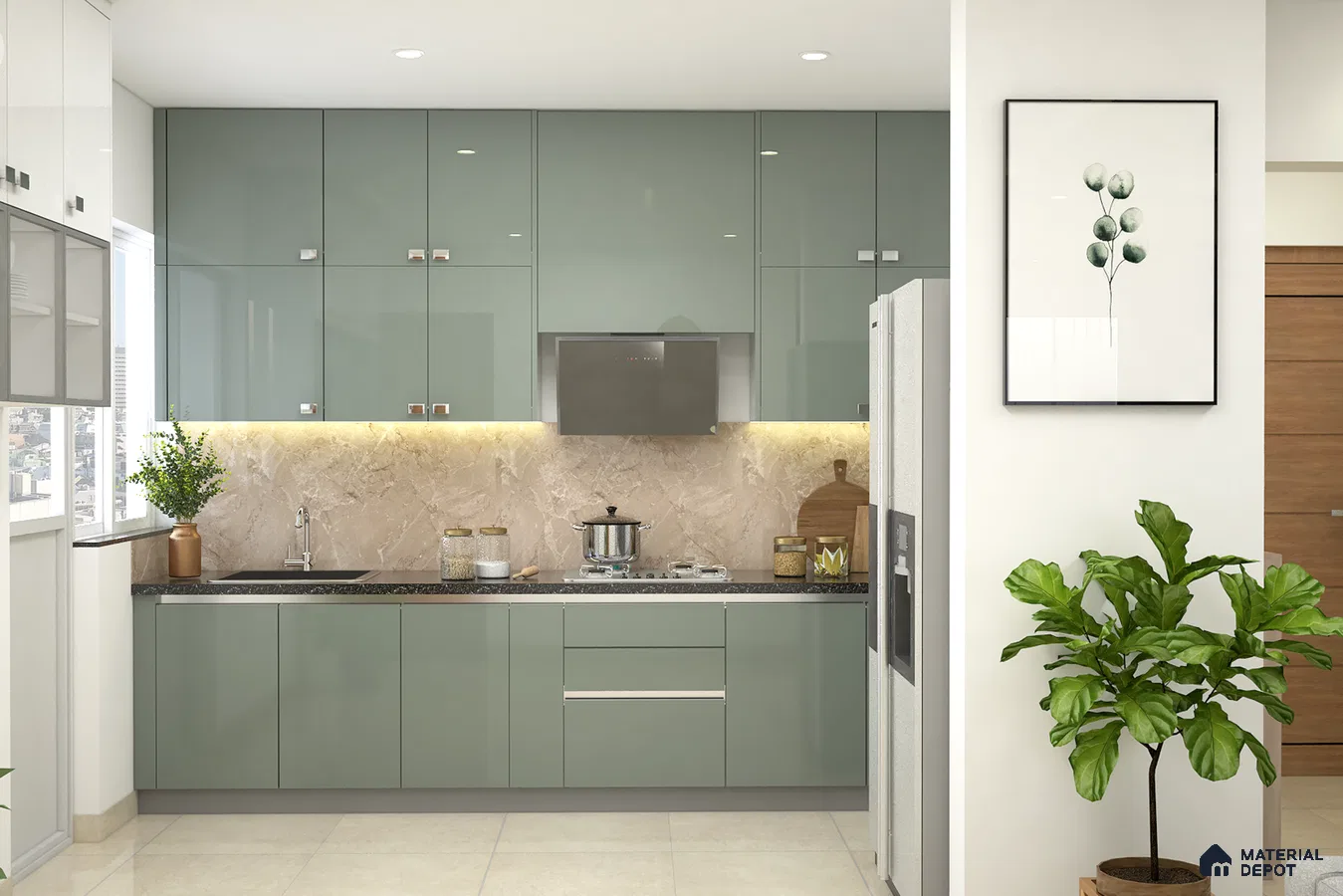 Modern kitchen with sage green high gloss laminate cabinets and beige marble backsplash in Bengaluru | Material Depot