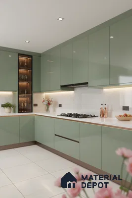 Modern kitchen with sage green high gloss laminate cabinets and white marble-look quartz countertop in Bengaluru