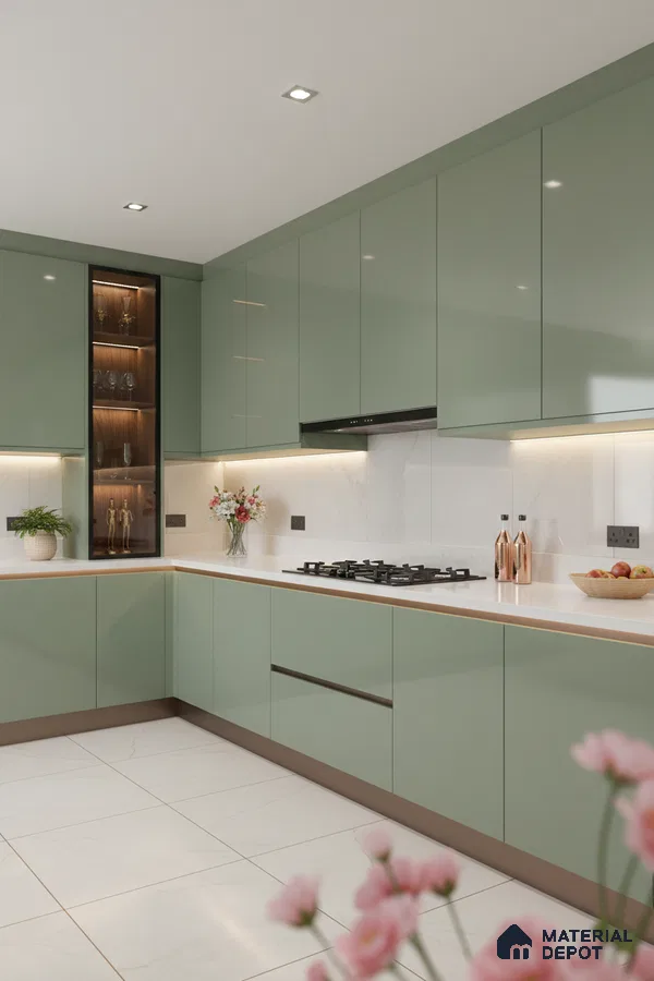 Modern kitchen with sage green high gloss laminate cabinets and white marble-look quartz countertop in Bengaluru