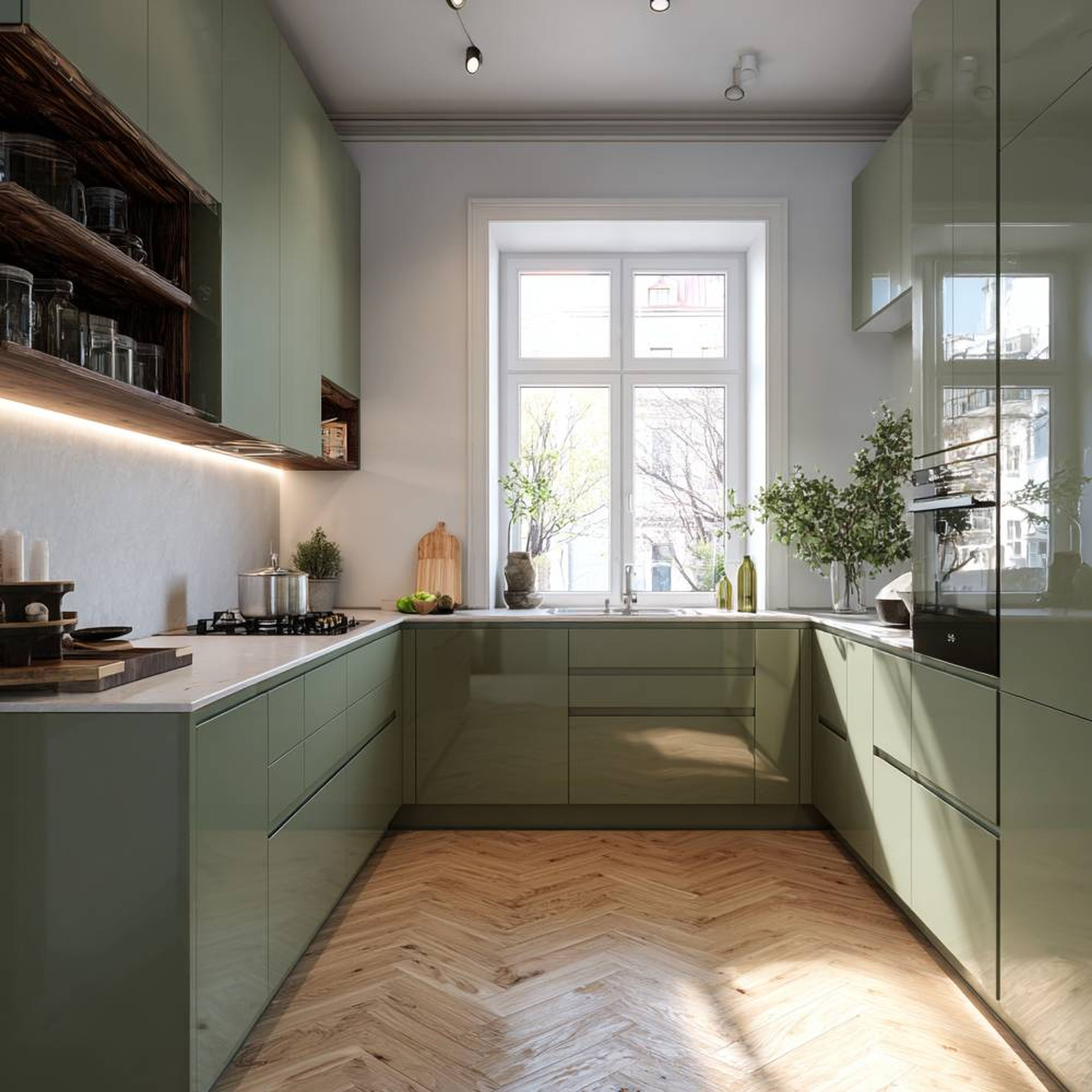 Modern kitchen with sage green high gloss laminate cabinets, white quartz countertop, and herringbone wood flooring in Bengaluru | Material Depot