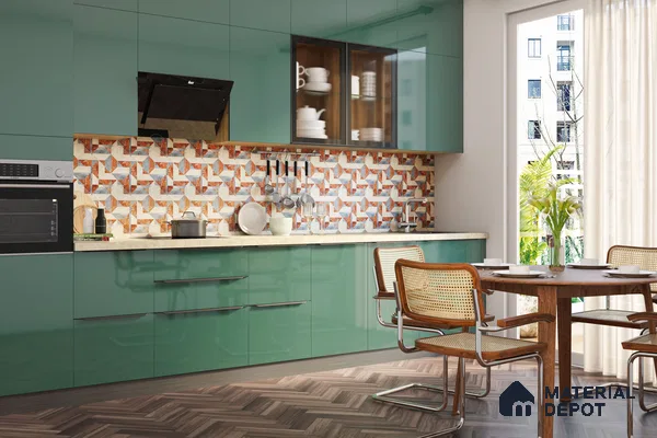 Modern kitchen with sage green high gloss laminate, geometric patterned backsplash tile, and herringbone wood floor in Bengaluru | Material Depot