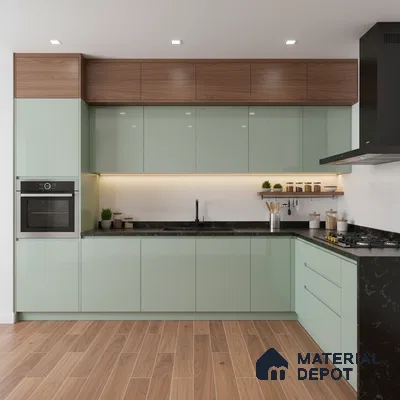 Modern kitchen with sage green high gloss laminate, walnut wood laminate, and black marble countertop in Bengaluru