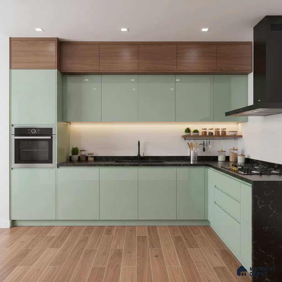 Modern kitchen with sage green high gloss laminate, walnut wood laminate, and black marble countertop in Bengaluru