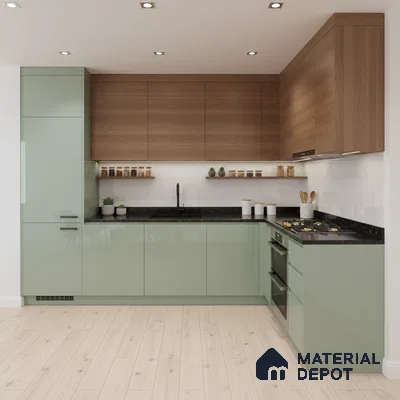Modern kitchen with sage green high gloss laminate, walnut wood laminate, and black quartz countertop in Bengaluru