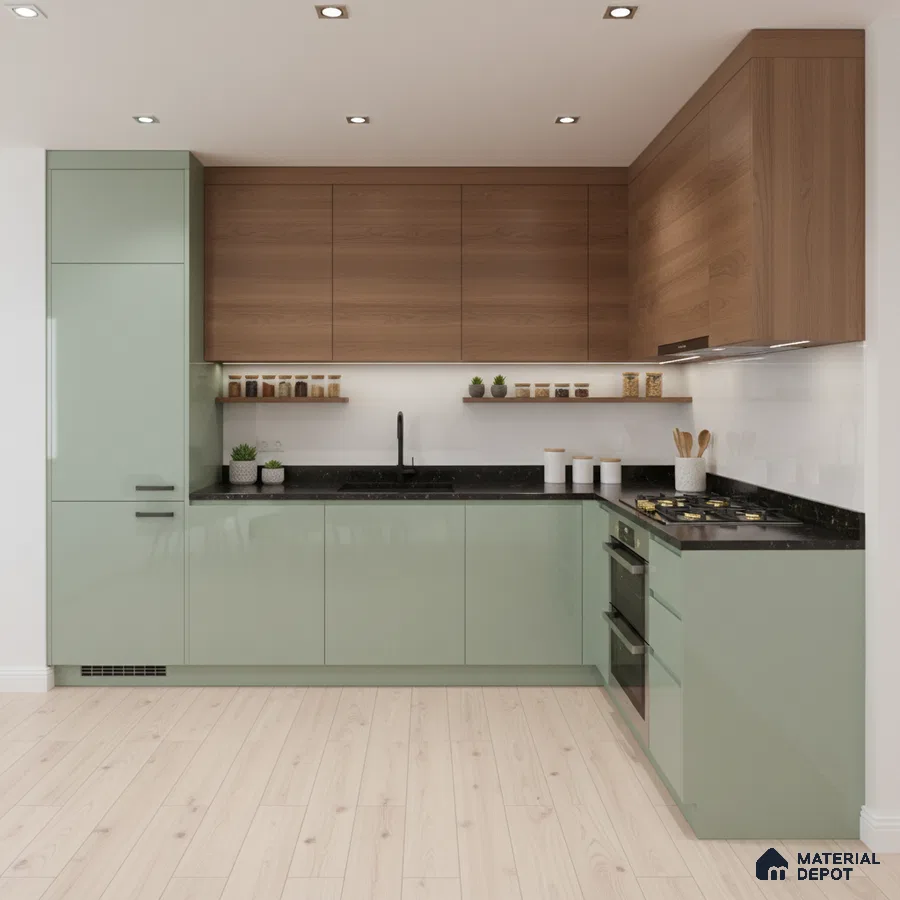 Modern kitchen with sage green high gloss laminate, walnut wood laminate, and black quartz countertop in Bengaluru
