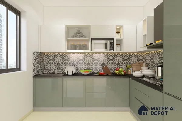 Modern kitchen with sage green high gloss laminate, white laminate, and black-and-white moroccan backsplash tiles in Bengaluru | Material Depot