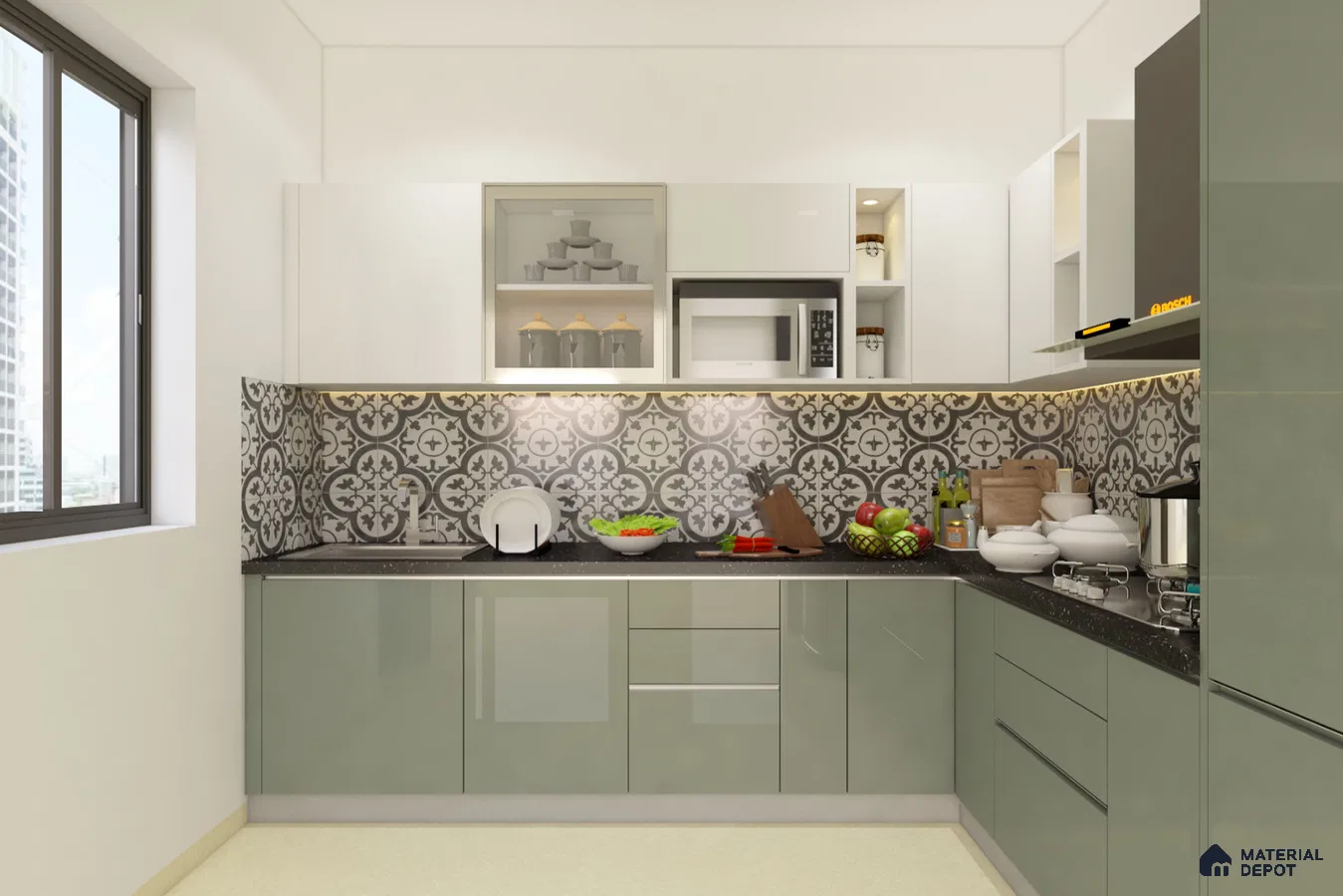 Modern kitchen with sage green high gloss laminate, white laminate, and black-and-white moroccan backsplash tiles in Bengaluru | Material Depot
