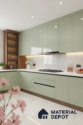 Modern kitchen with sage green high gloss laminate, white marble backsplash, and white marble floor tiles in Bengaluru