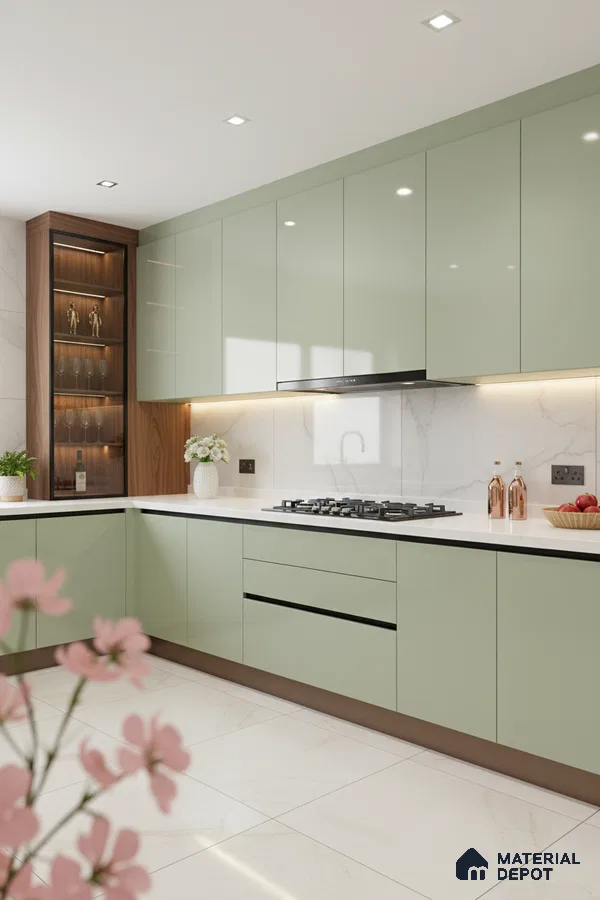 Modern kitchen with sage green high gloss laminate, white marble backsplash, and white marble floor tiles in Bengaluru