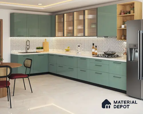 Modern kitchen with sage green high gloss laminate, white marble countertop, and chevron backsplash tile in Bengaluru | Material Depot
