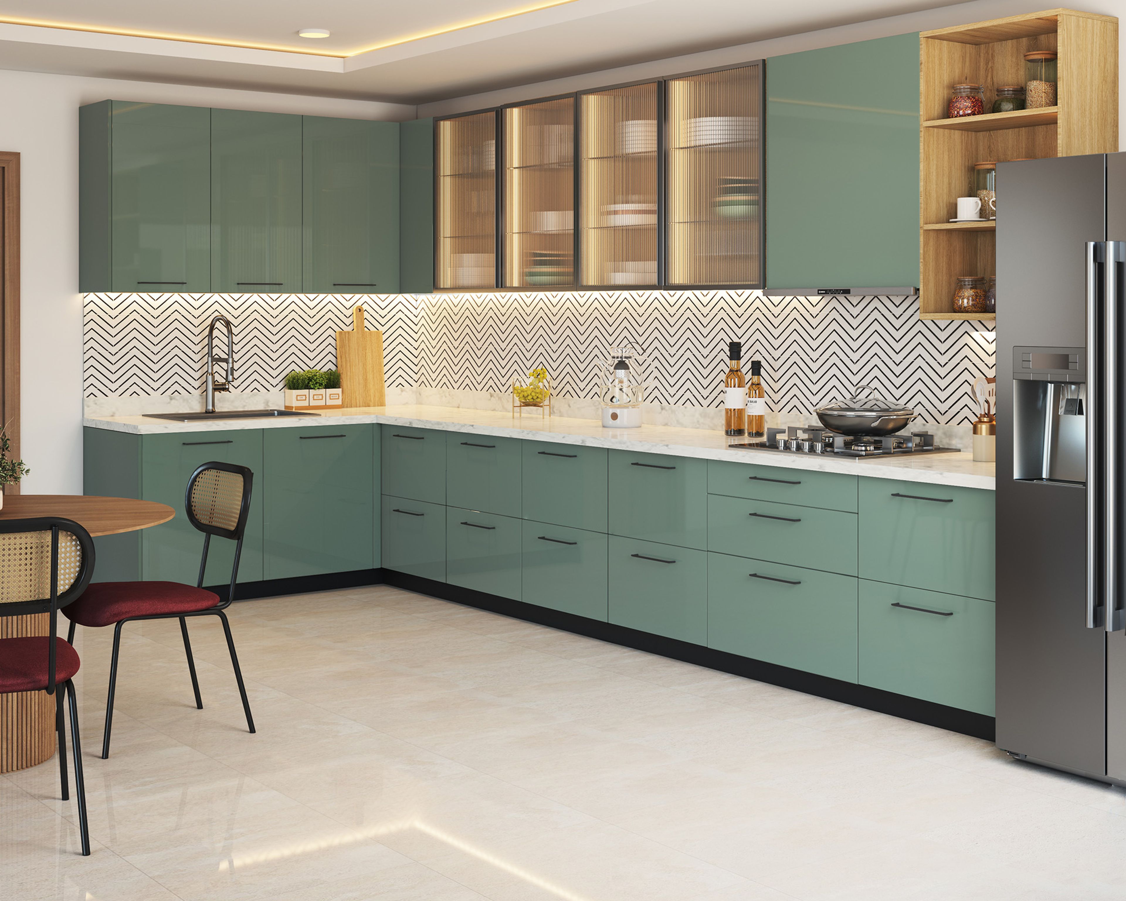 Modern kitchen with sage green high gloss laminate, white marble countertop, and chevron backsplash tile in Bengaluru | Material Depot