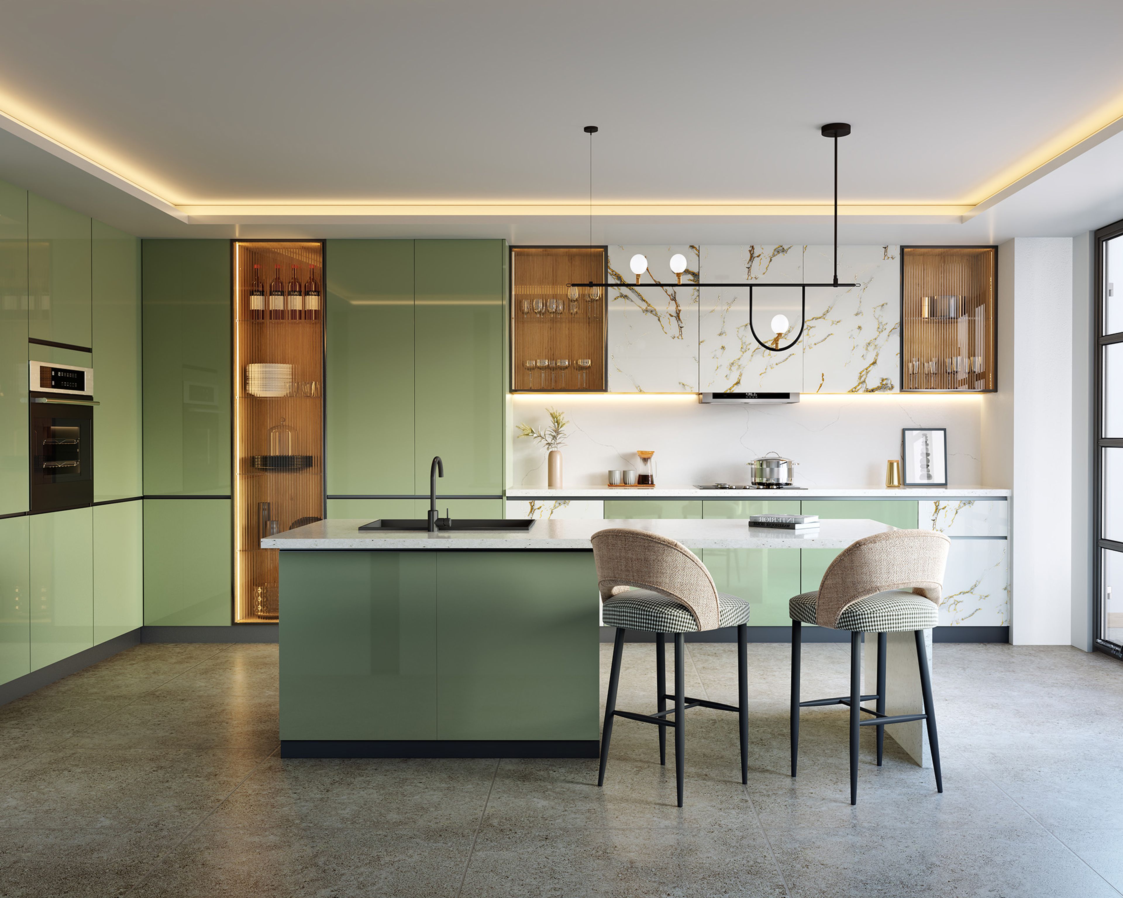 Modern kitchen with sage green high gloss laminate, white marble-look backsplash, and quartz countertop in Bengaluru | Material Depot