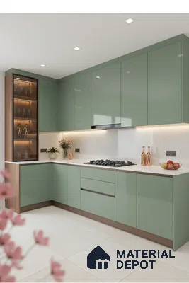 Modern kitchen with sage green high gloss laminate, white marble-look quartz countertop, and light beige floor tiles in Bengaluru