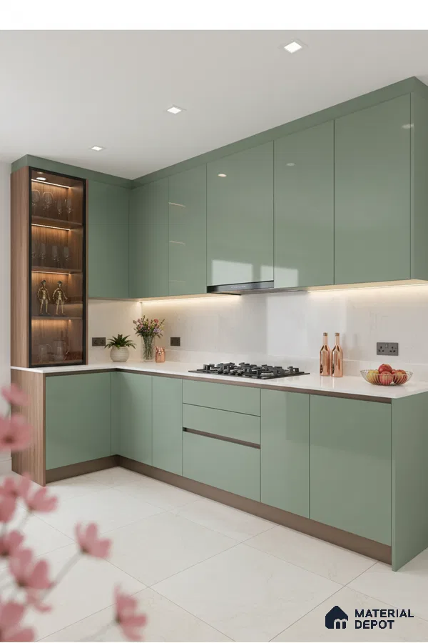 Modern kitchen with sage green high gloss laminate, white marble-look quartz countertop, and light beige floor tiles in Bengaluru