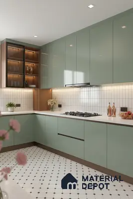 Modern kitchen with sage green high gloss laminate, white quartz countertop, and geometric patterned floor tiles in Bengaluru