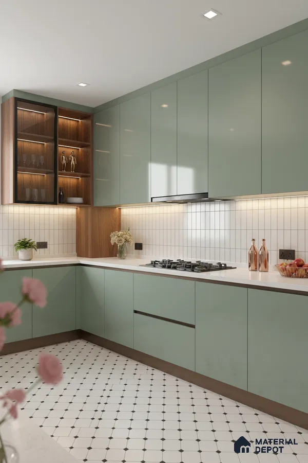 Modern kitchen with sage green high gloss laminate, white quartz countertop, and geometric patterned floor tiles in Bengaluru