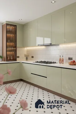 Modern kitchen with sage green high gloss laminate, white quartz countertop, and geometric white floor tiles in Bengaluru