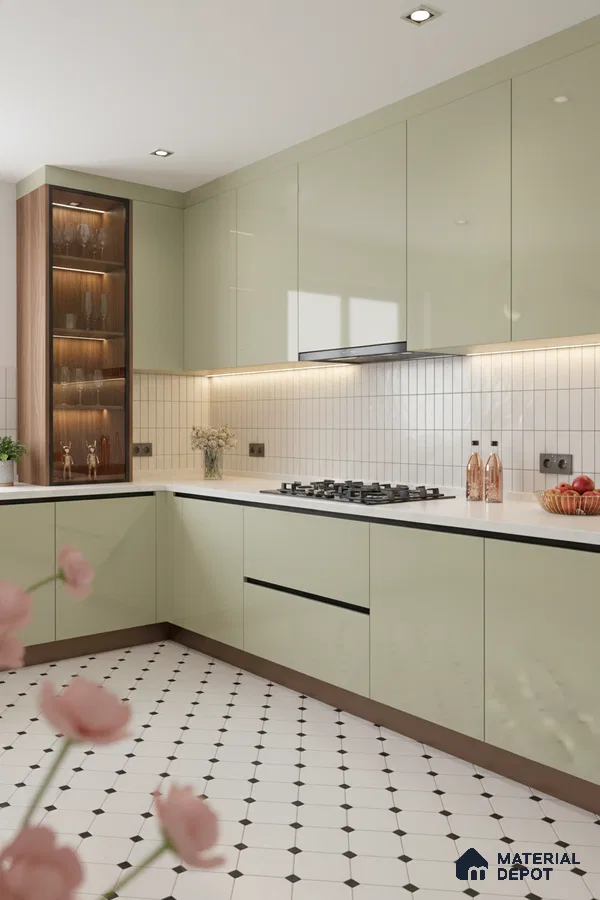 Modern kitchen with sage green high gloss laminate, white quartz countertop, and geometric white floor tiles in Bengaluru