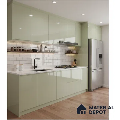 Modern kitchen with sage green high gloss laminate, white quartz countertop, and subway tile backsplash in Bengaluru