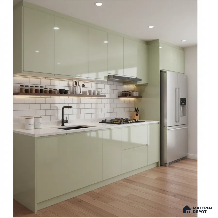 Modern kitchen with sage green high gloss laminate, white quartz countertop, and subway tile backsplash in Bengaluru