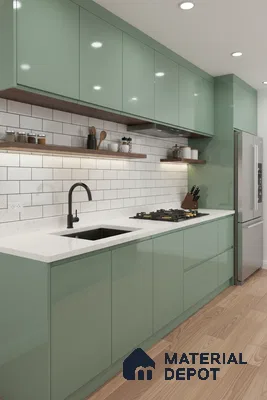 Modern kitchen with sage green high gloss laminate, white quartz countertop, and subway tile backsplash in Bengaluru