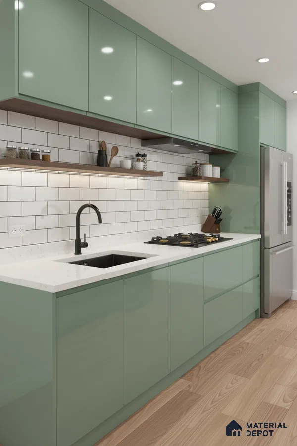 Modern kitchen with sage green high gloss laminate, white quartz countertop, and subway tile backsplash in Bengaluru