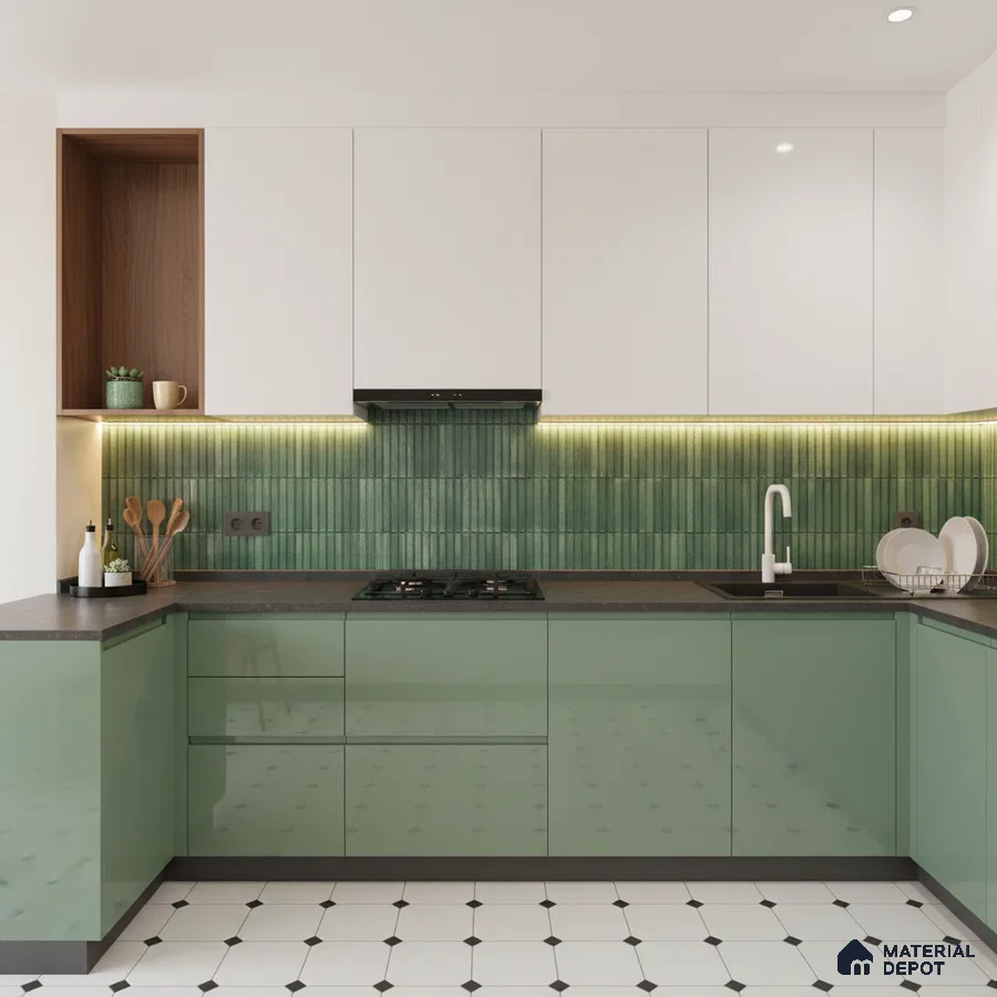 Modern kitchen with sage green high gloss laminate, white solid laminate, and green kitkat backsplash tile in Bengaluru
