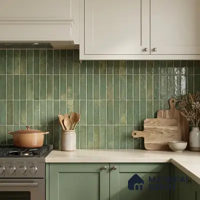 Modern kitchen with sage green kitkat backsplash tile and cream quartz countertop