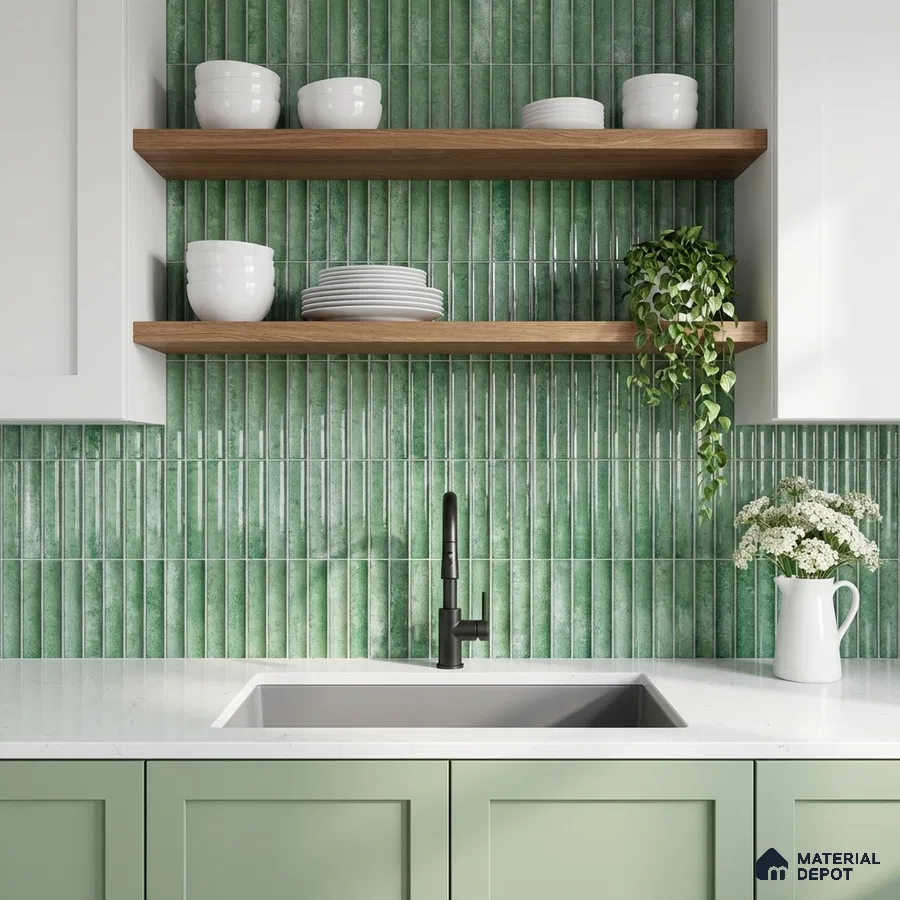 Modern kitchen with sage green kitkat wall tiles, white quartz countertop, and pastel green laminate cabinets
