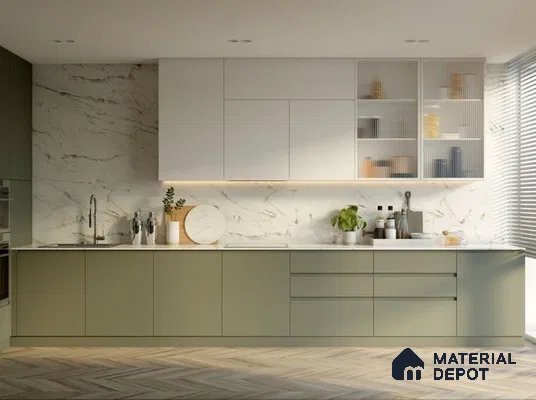 Modern kitchen with sage green laminate base cabinets, white marble-look backsplash, and chevron wood flooring in Bengaluru | Material Depot