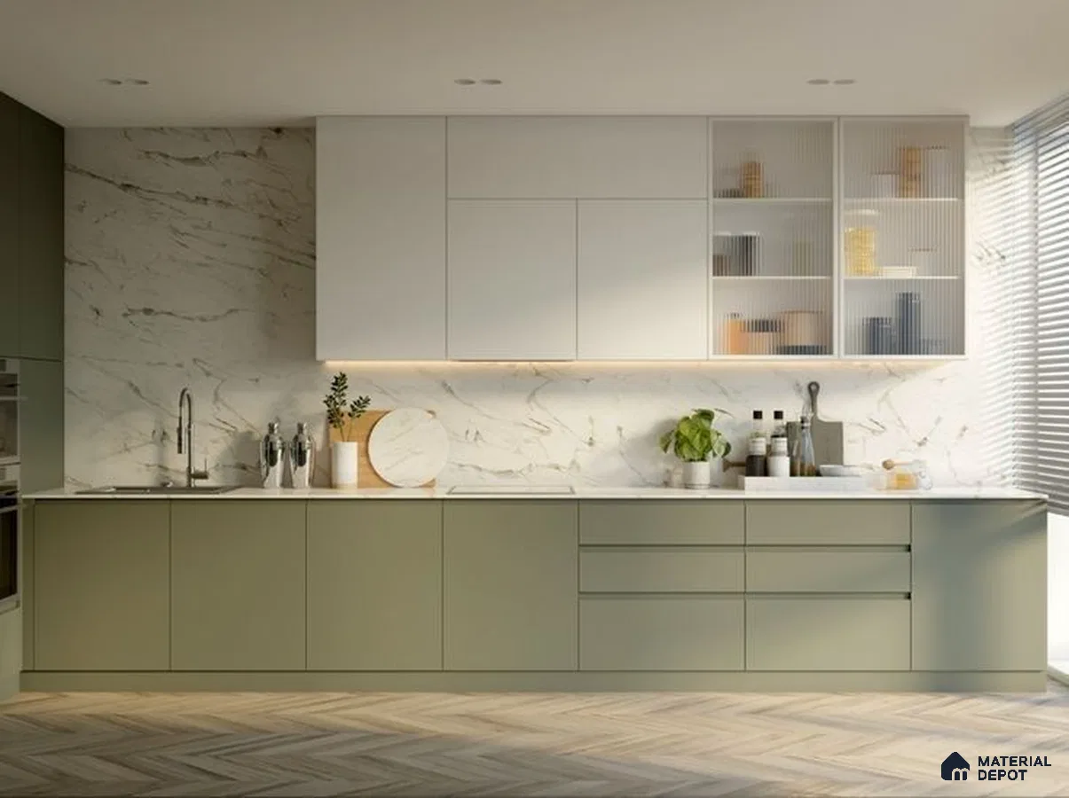 Modern kitchen with sage green laminate base cabinets, white marble-look backsplash, and chevron wood flooring in Bengaluru | Material Depot