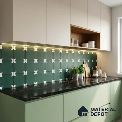 Modern kitchen with sage green laminate, black marble countertop, and green geometric backsplash tile
