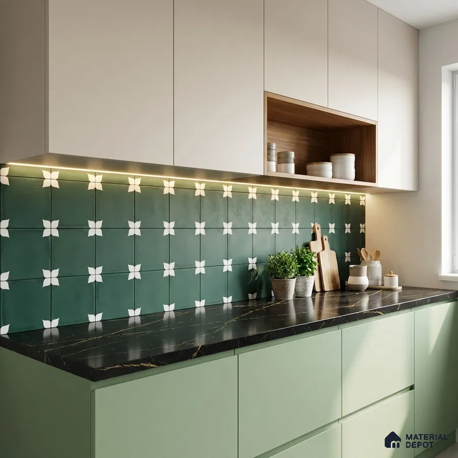 Modern kitchen with sage green laminate, black marble countertop, and green geometric backsplash tile