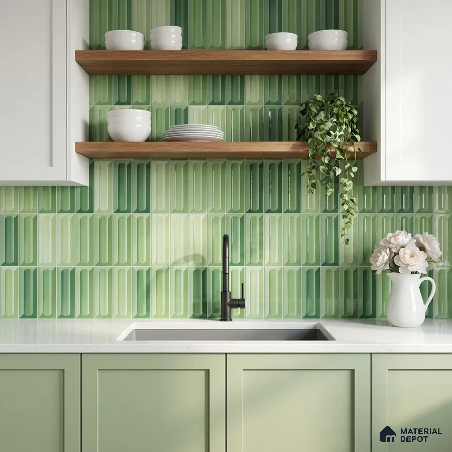 Modern kitchen with sage green laminate cabinets and green geometric backsplash tile