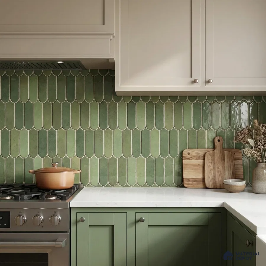 Modern kitchen with sage green laminate cabinets and green scallop backsplash tile
