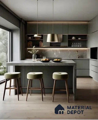 Modern kitchen with sage green laminate cabinets, grey marble countertop and backsplash, and light oak wooden flooring in Bengaluru | Material Depot