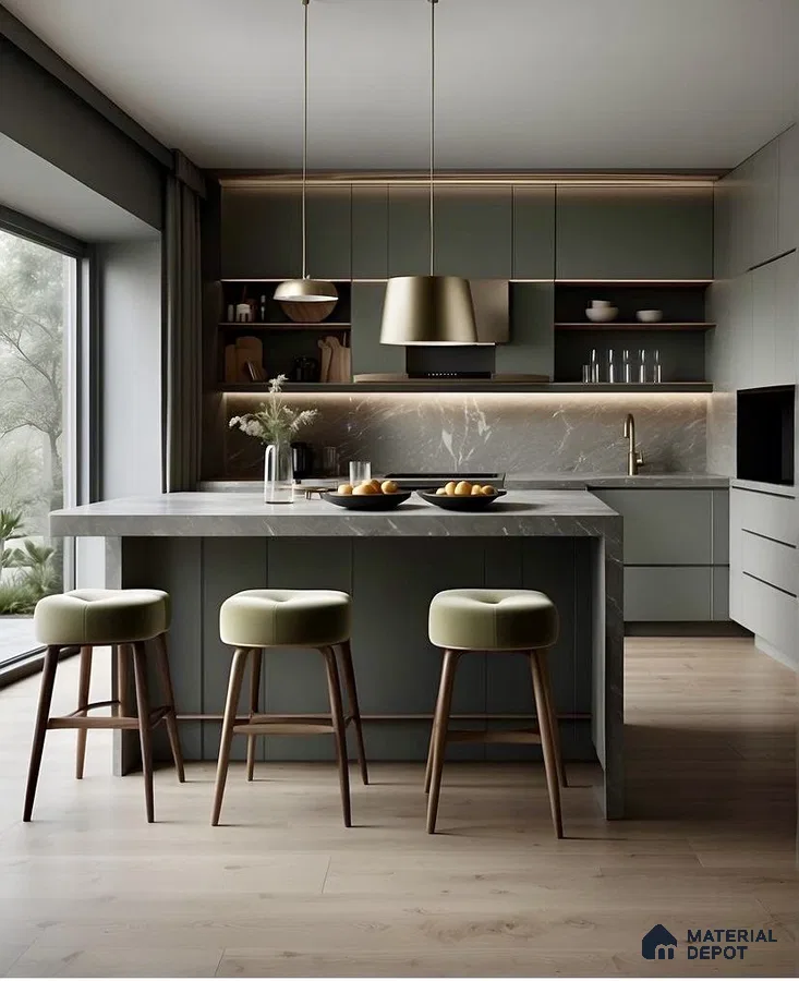 Modern kitchen with sage green laminate cabinets, grey marble countertop and backsplash, and light oak wooden flooring in Bengaluru | Material Depot