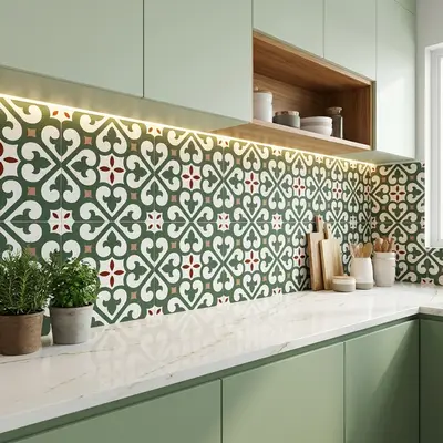 Modern kitchen with sage green laminate cabinets, moroccan patterned backsplash tile, and white marble countertop
