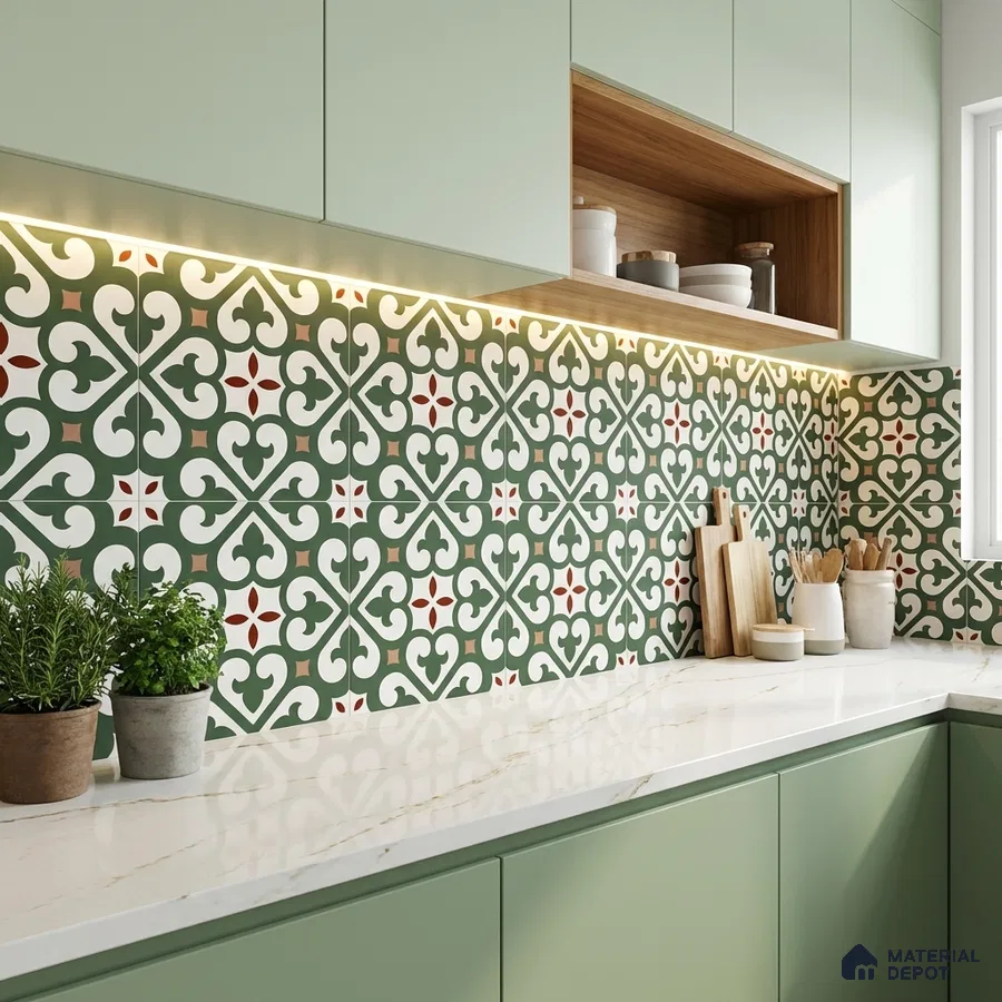 Modern kitchen with sage green laminate cabinets, moroccan patterned backsplash tile, and white marble countertop