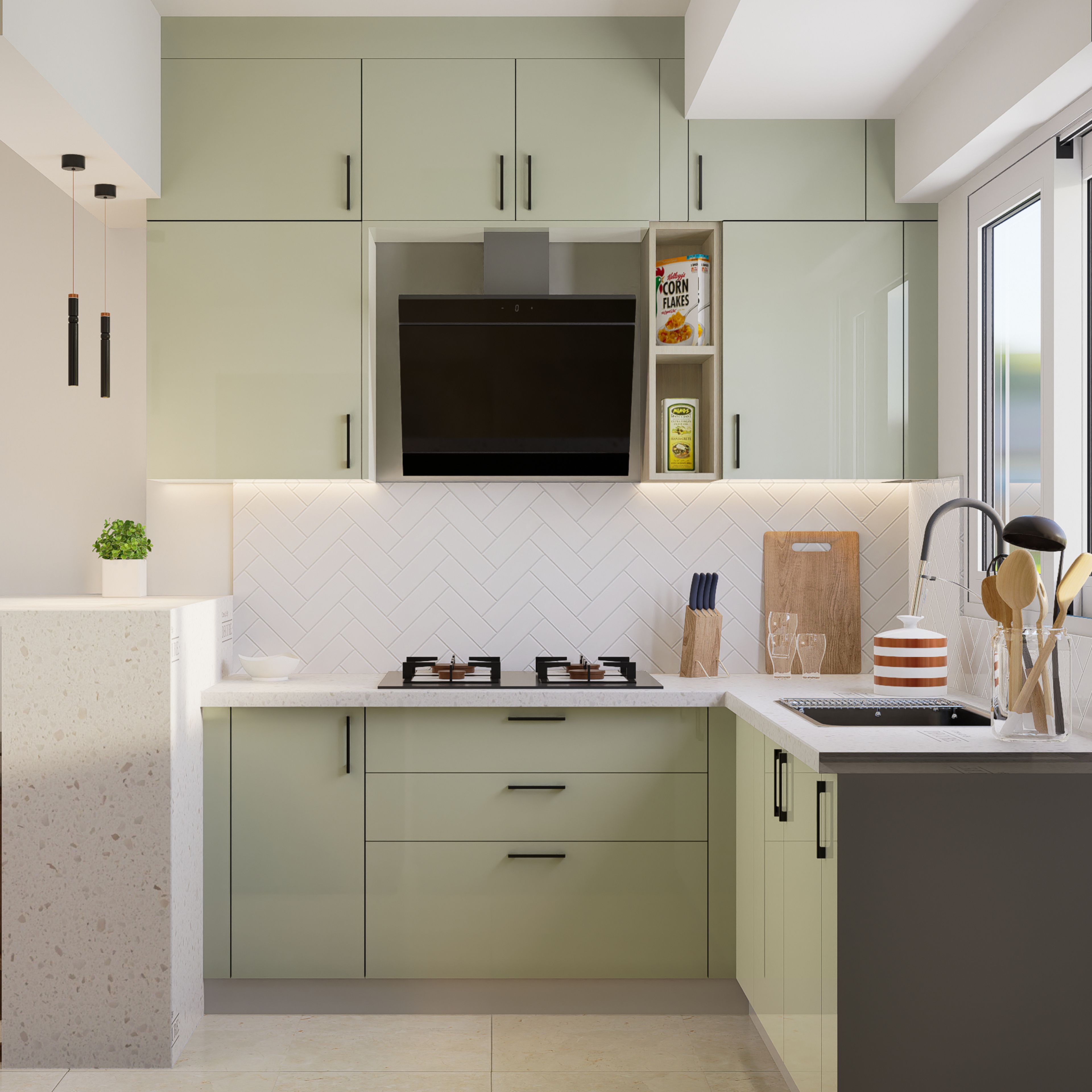 Modern kitchen with sage green laminate cabinets, terrazzo breakfast counter, and white herringbone backsplash tiles in Bengaluru | Material Depot
