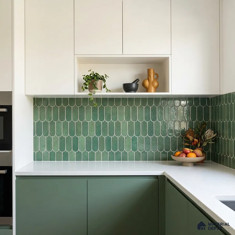 Modern kitchen with sage green laminate cabinets, white laminate overheads, and scallop green backsplash tile