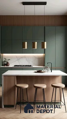 Modern kitchen with sage green laminate cabinets, white marble backsplash, and light oak island in Bengaluru | Material Depot